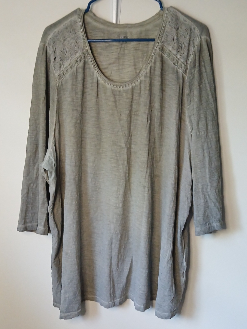Catherines Light Gray Long Sleeve Scoop Neck Top with Lace Yoke